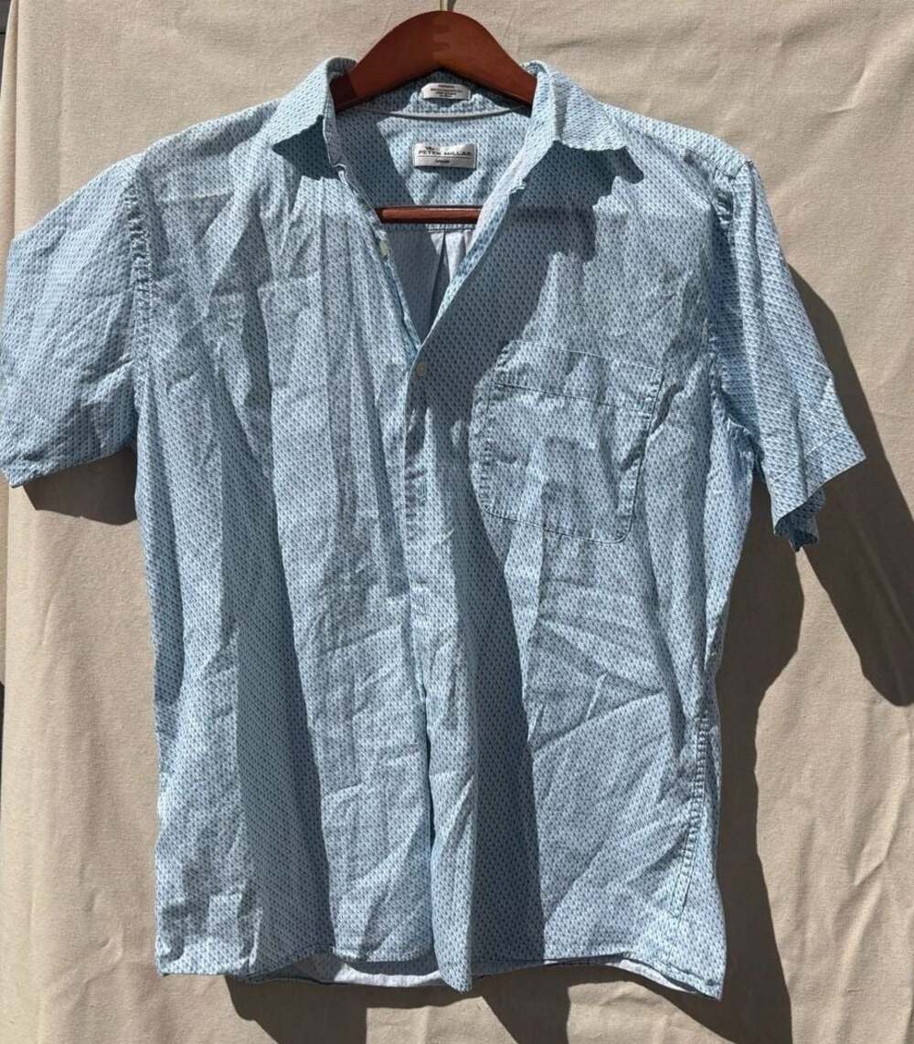 Peter Millar Seaside short sleeve button up shirt light blue with small pattern